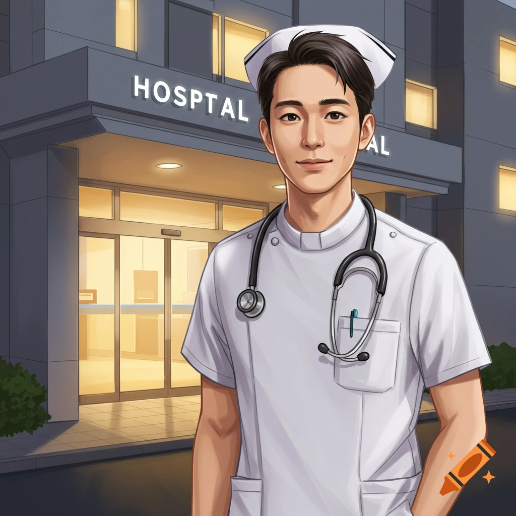 A male nurse stands in front of a hospital.