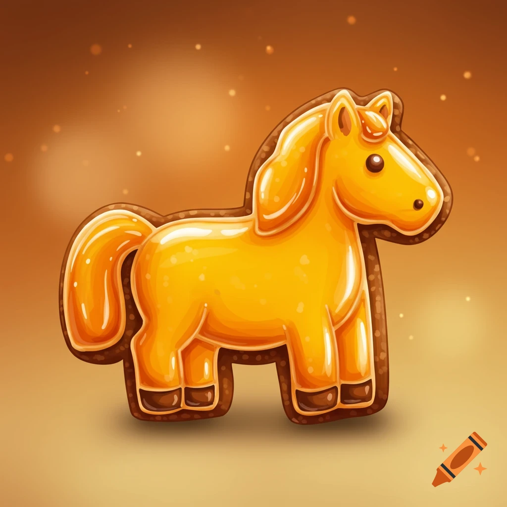 A horse-shaped gingerbread cookie with bright orange icing.