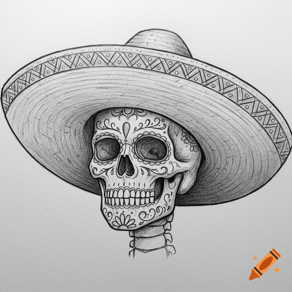 Pencil sketch of a sugar skull wearing a sombrero