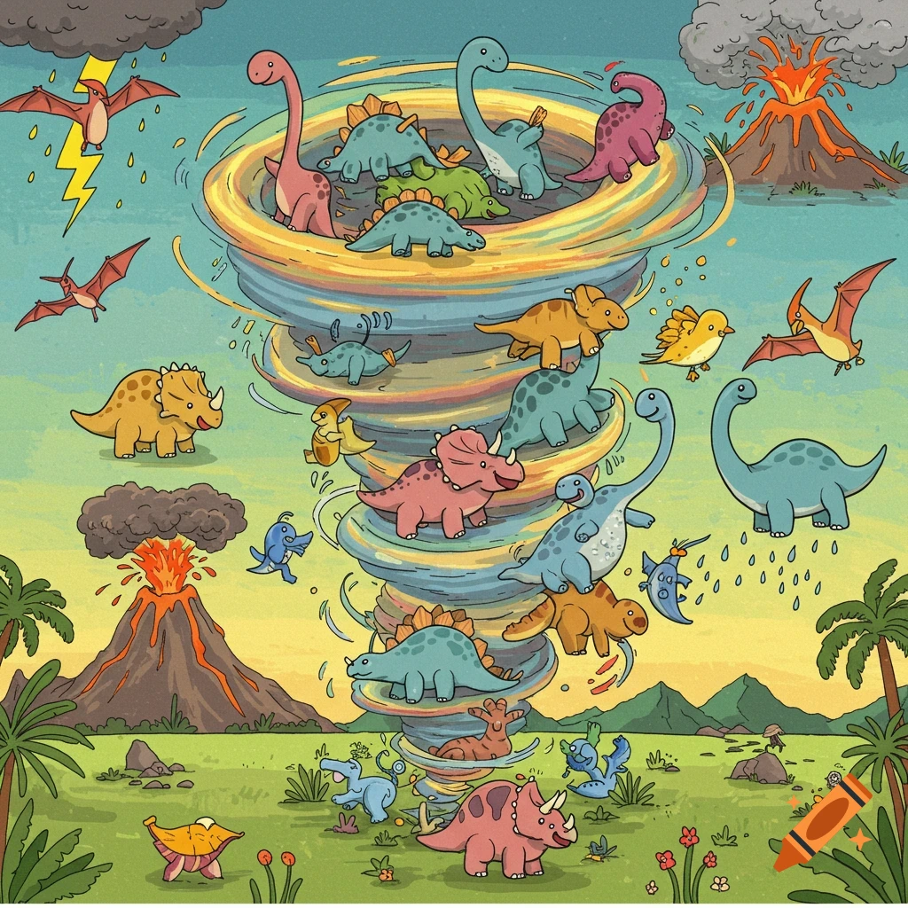 Cartoon illustration of cute dinosaurs caught in a tornado with erupting volcanoes and lightning in the background.