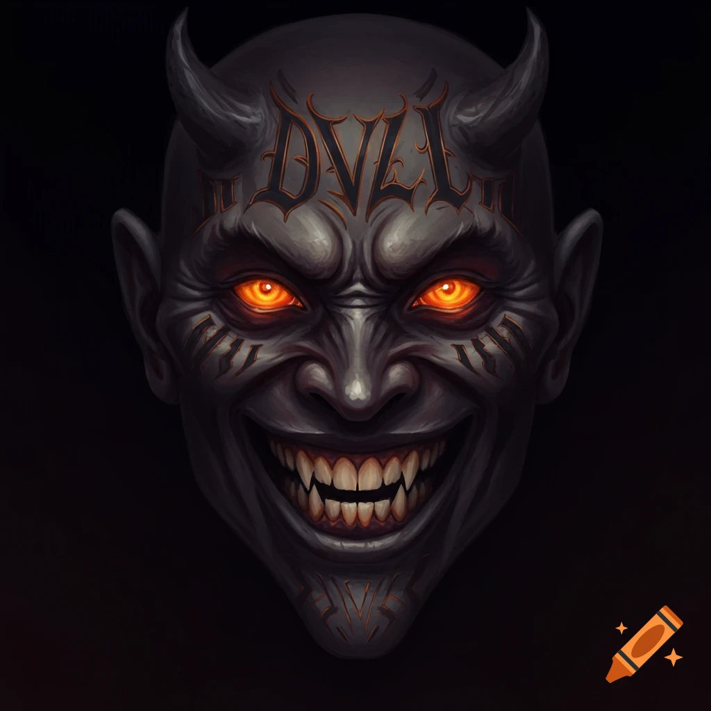 Demonic face with horns, glowing eyes, sharp teeth, and a DVL tattoo.