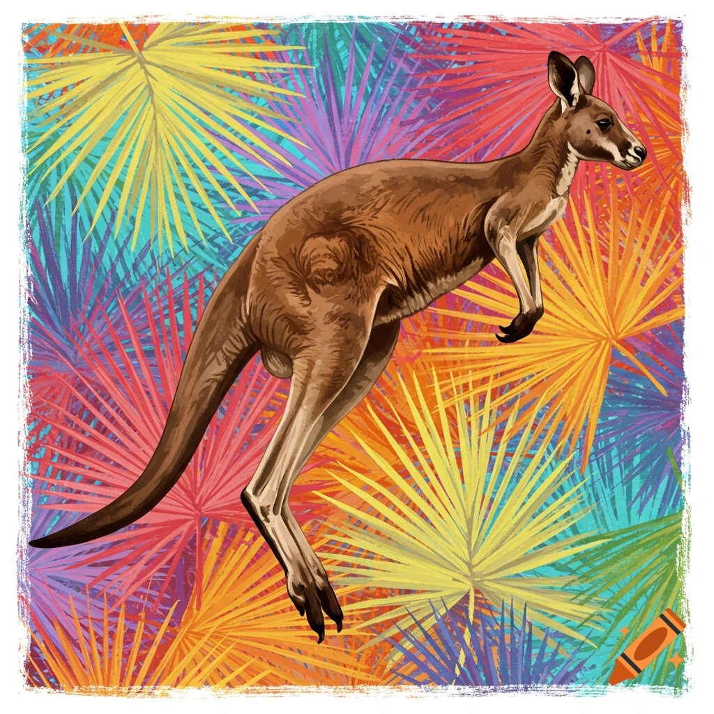 A kangaroo jumps against a background of colorful palm fronds.