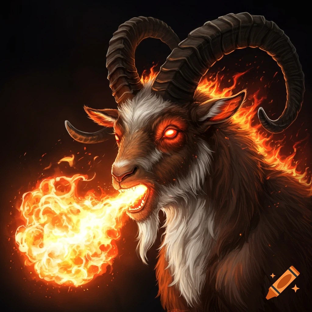 A fire-breathing goat with glowing red eyes.