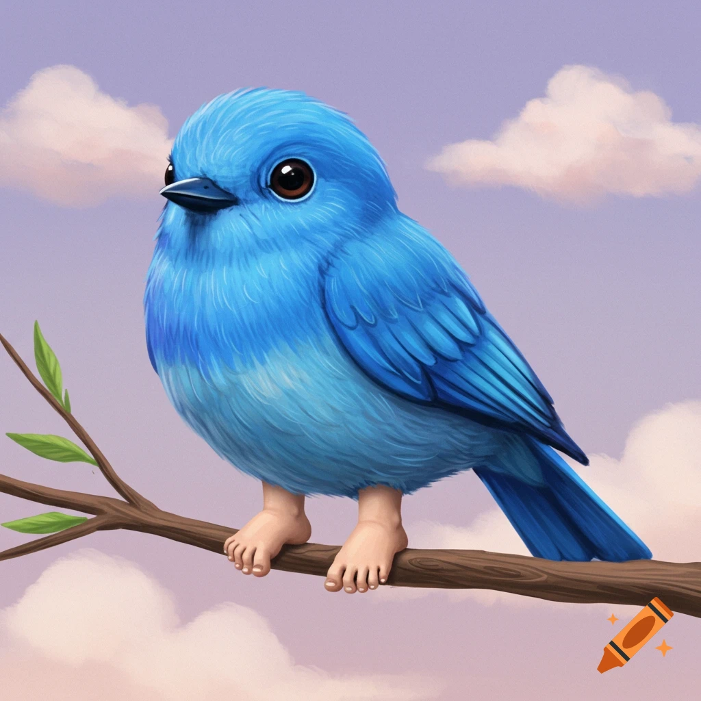 A blue bird with human feet sitting on a branch.