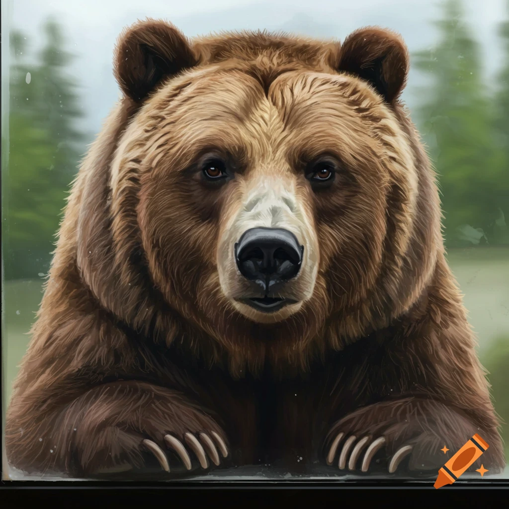 A brown bear with its face and paws pressed against glass.