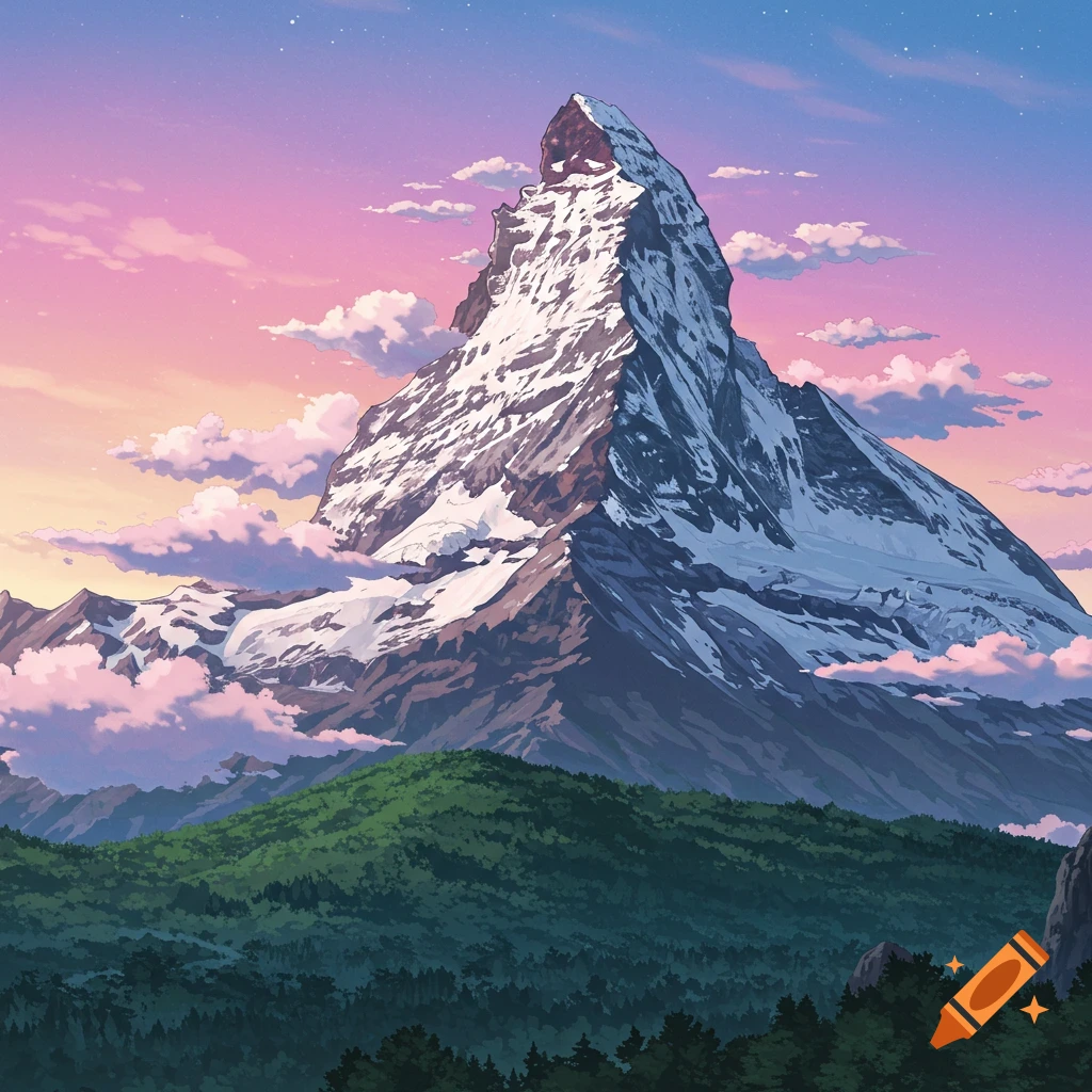 Anime landscape of a large snow-capped mountain peak, with green foothills and forest below, against a pink and blue twilight sky.