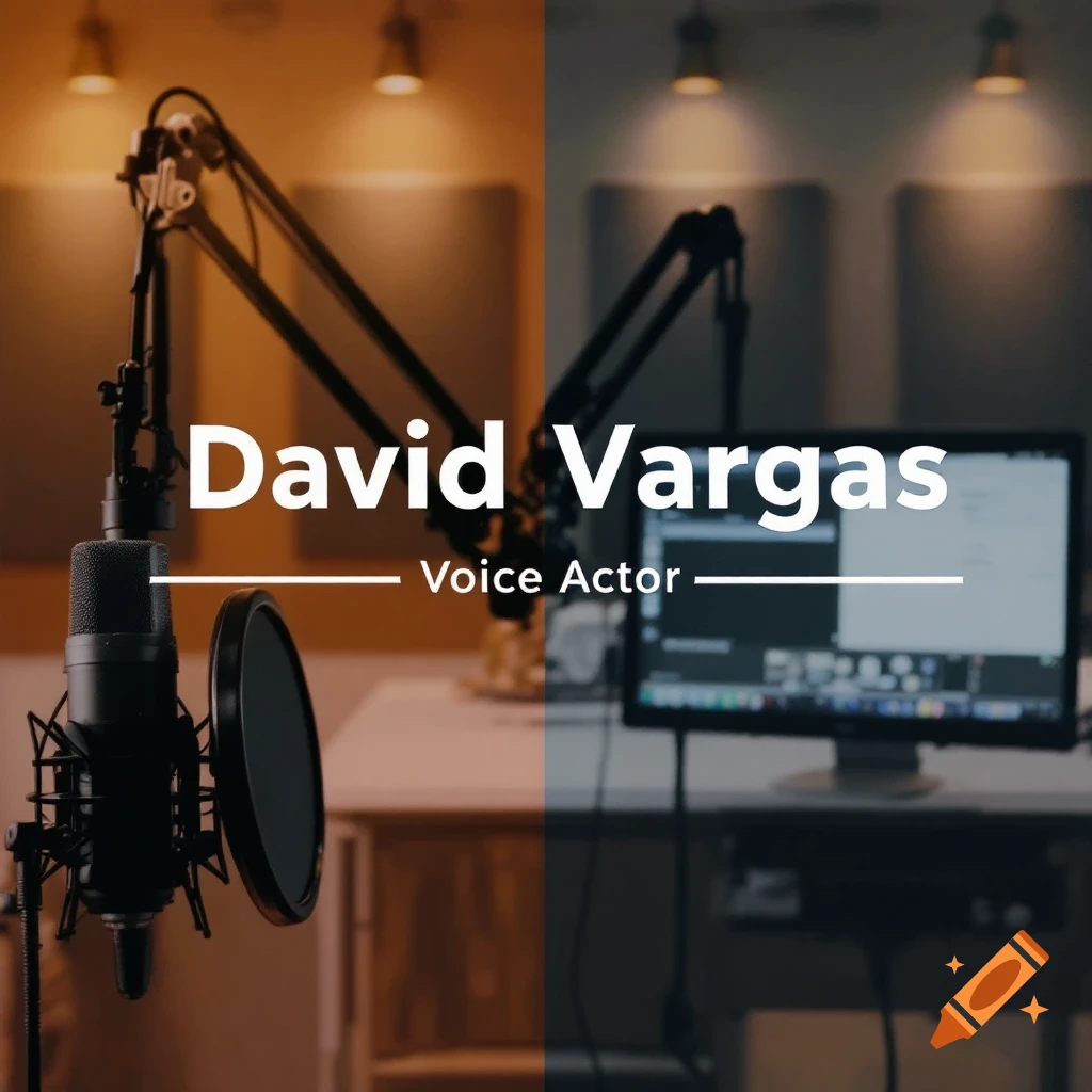 Recording studio scene with a microphone, computer monitor, and text overlay saying 'David Vargas Voice Actor'.