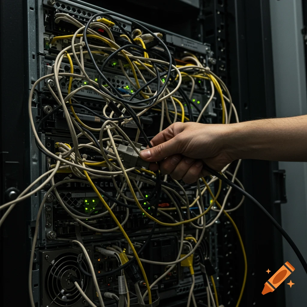 A hand plugging a cable into a server rack filled with tangled wires.
