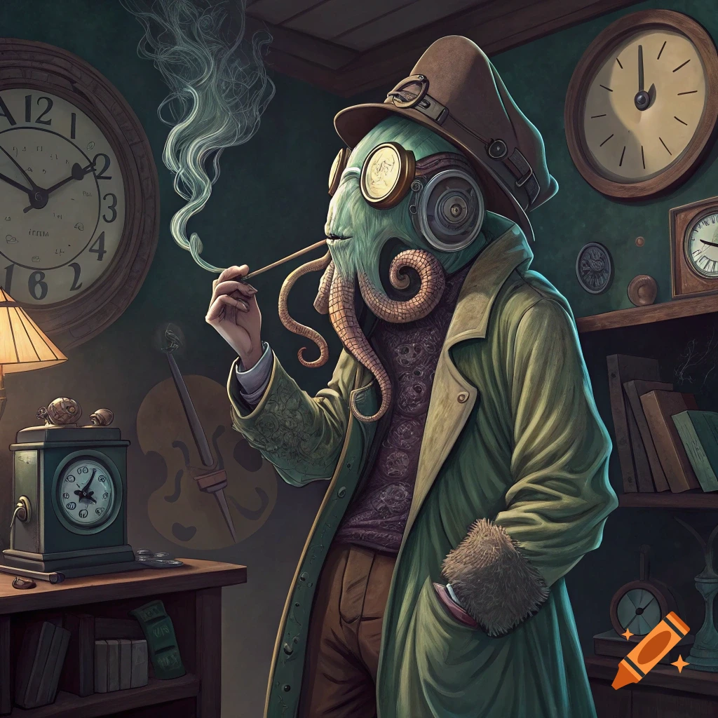 A character with an octopus head, wearing a hat and coat, smoking a pipe in a room with clocks and books.