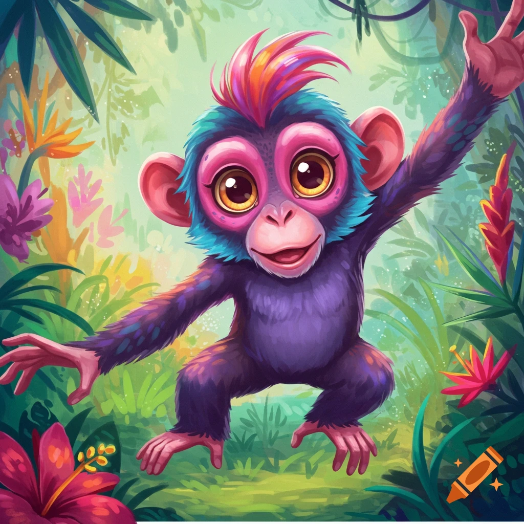 A vibrant purple monkey with colorful hair jumps in a lush jungle.