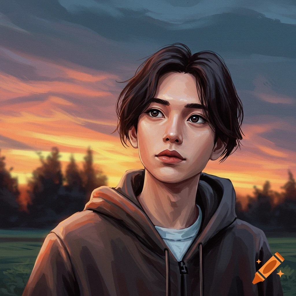 Young person in a hoodie against a vibrant sunset.