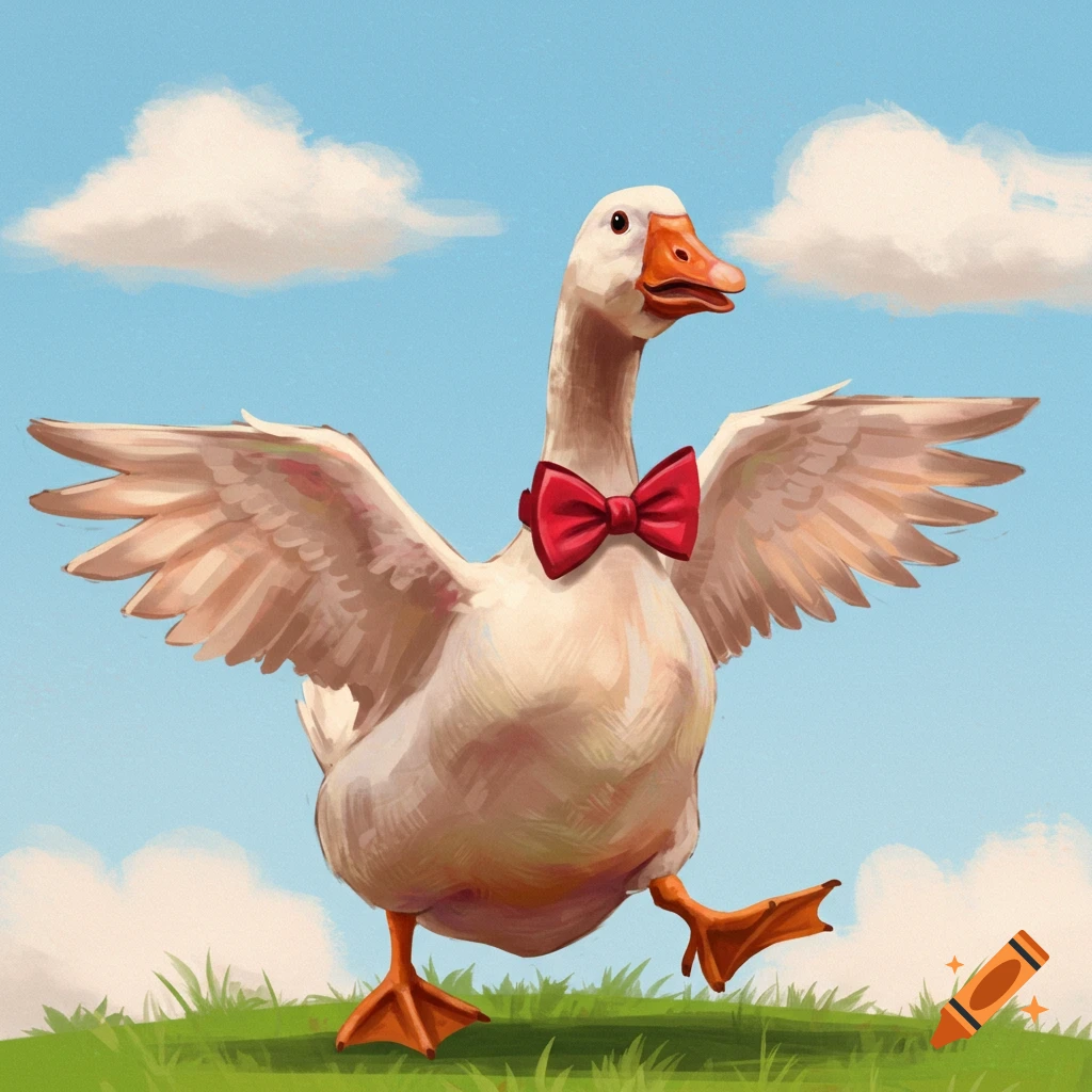 A goose wearing a red bow tie, walking on grass under a blue sky.