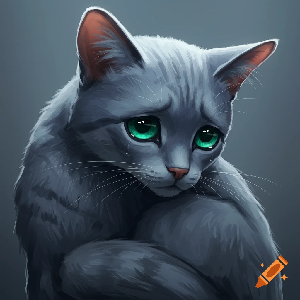 A sad gray cat with green eyes, tears welling.