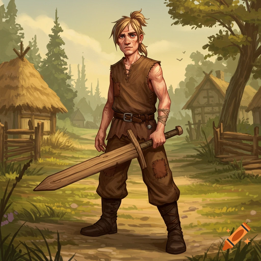 A young human villager stands in a village holding a large wooden sword.