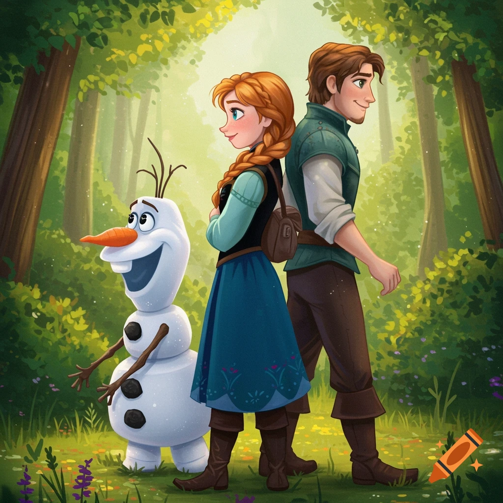 Cartoon of Olaf, Anna, and Flynn Rider in a sunlit forest.