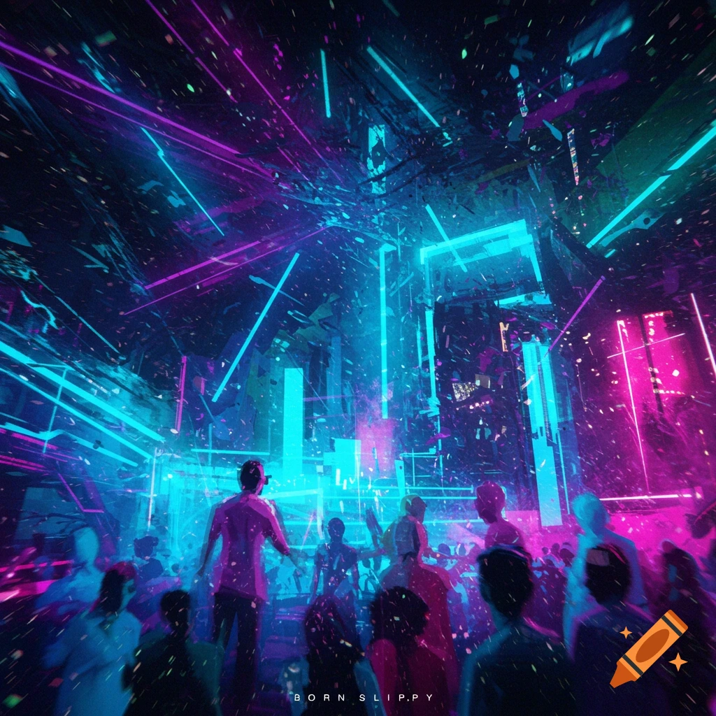 Crowd of people at a rave or concert with vibrant blue, purple, and pink neon lights and falling confetti.