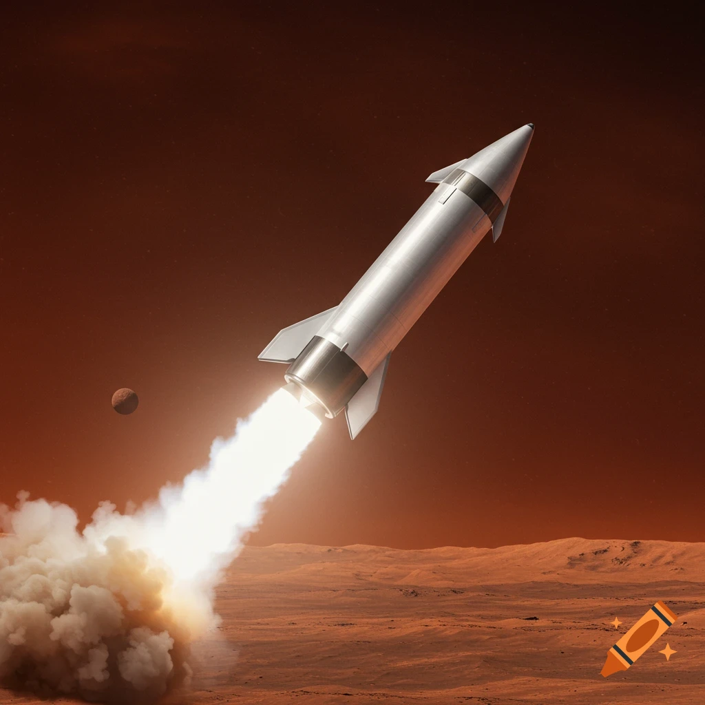 A rocket launches from the surface of Mars, with a small moon in the sky. Photorealistic style.