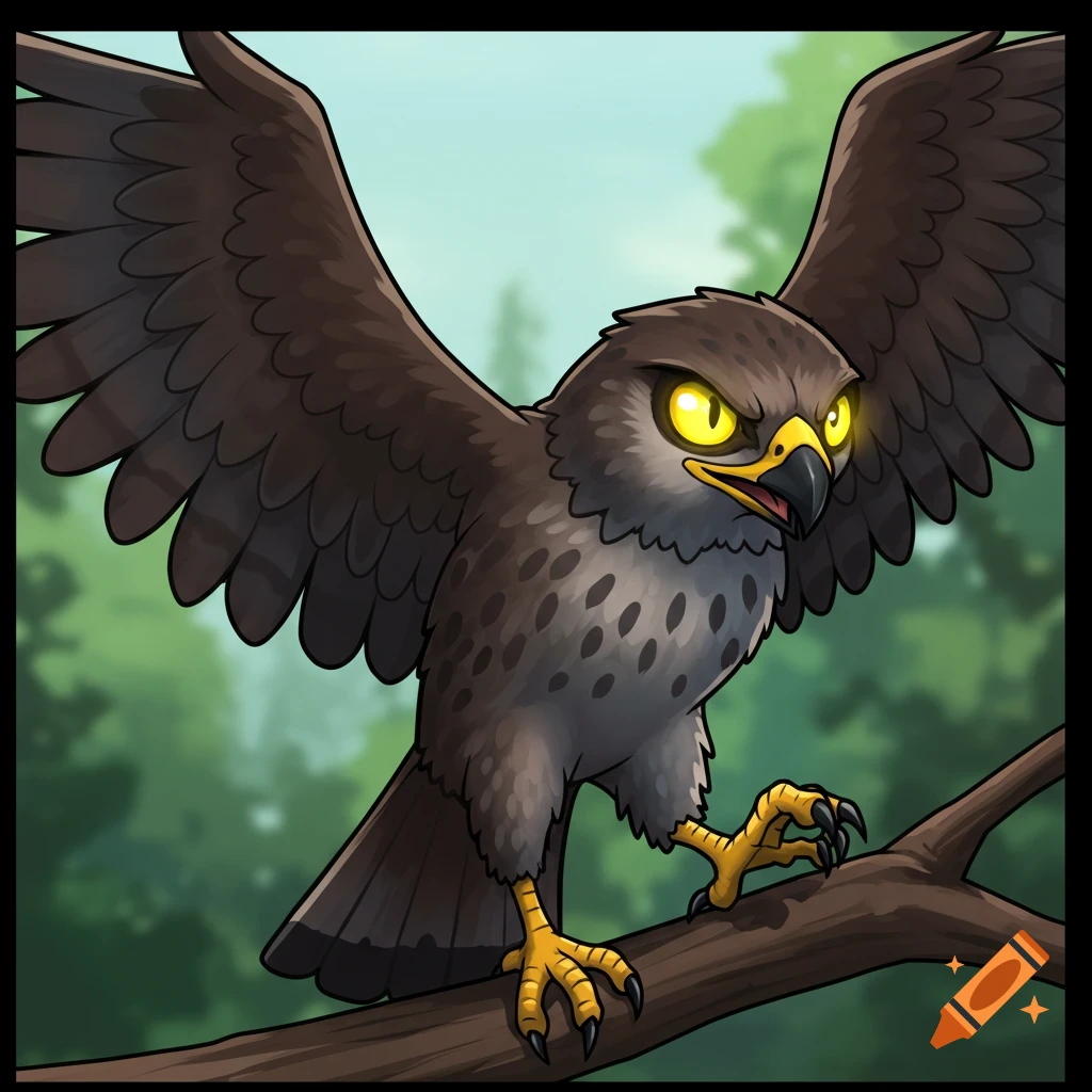 A cartoon hawk perched on a branch with spread wings.