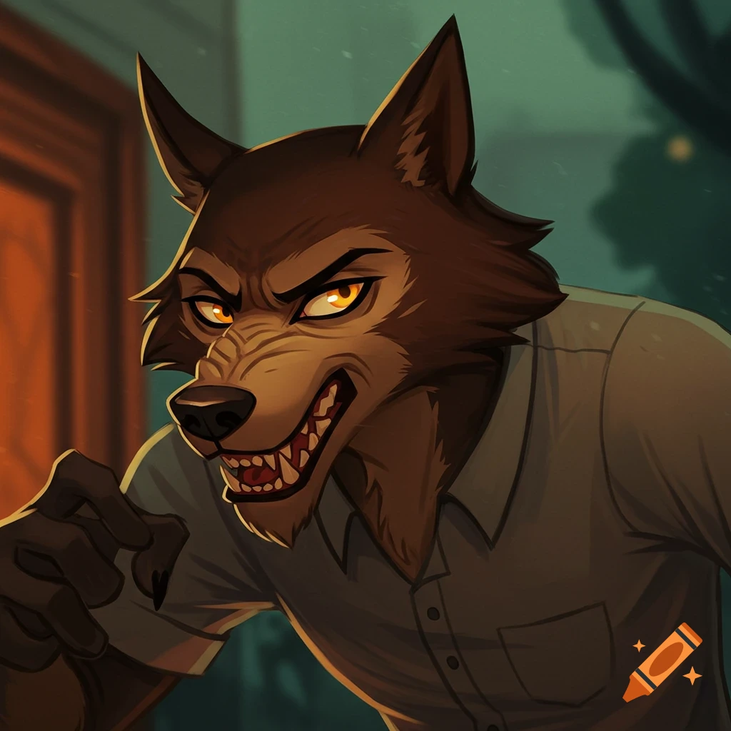 Stylized image of a brown wolf character in a shirt with glowing eyes, looking intense.