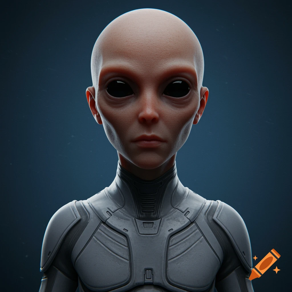 A detailed photorealistic portrait of a bald alien in a sleek gray sci-fi suit.
