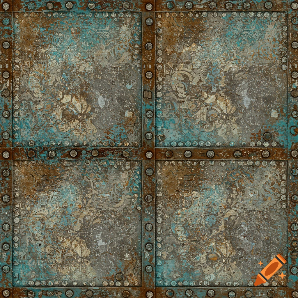 Distressed industrial pattern with blue paint, rust, and metal rivets