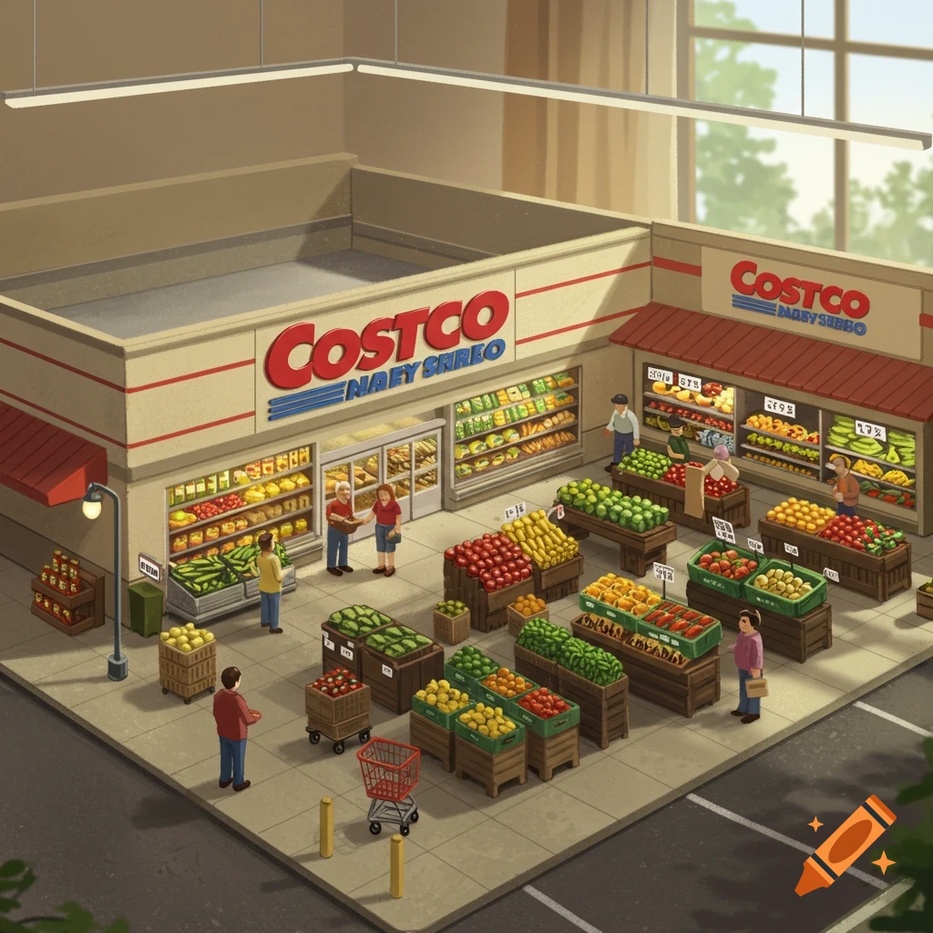 A miniature Costco grocery store with people shopping for produce.