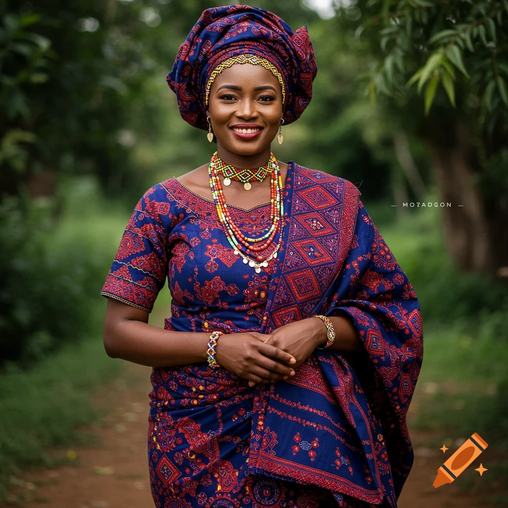 Portrait photograph of a smiling woman in blue and red traditional African clothing and headwear, wearing beaded necklaces and bracelets.