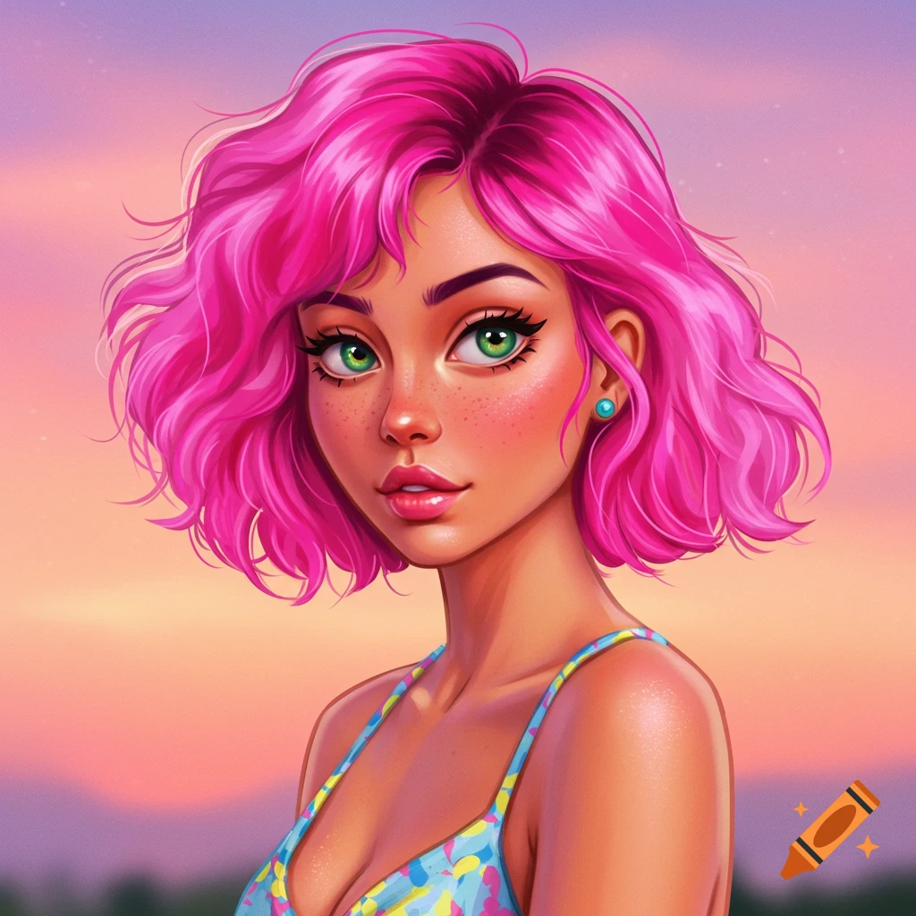 A woman with pink hair and green eyes wears a swimsuit against a sunset background.
