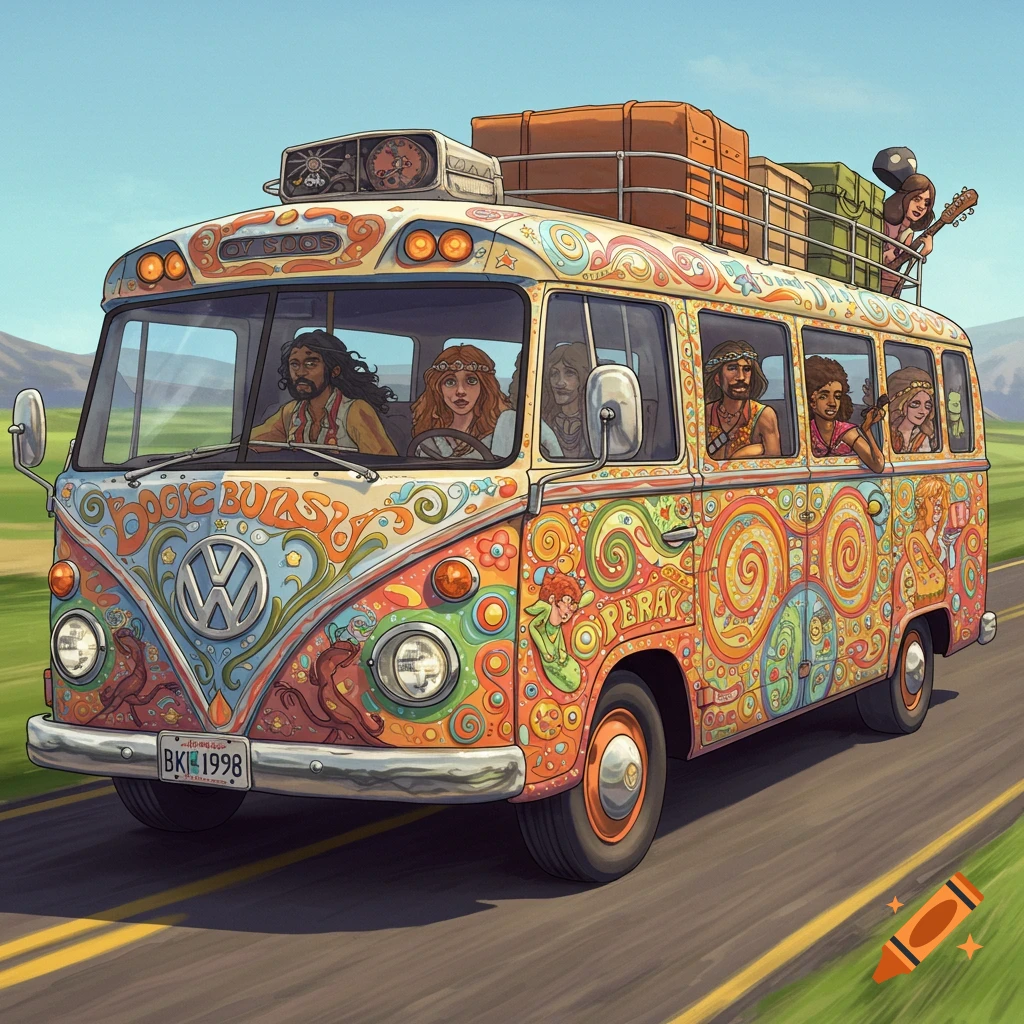 A colorful, psychedelic hippie van with people driving down a road.