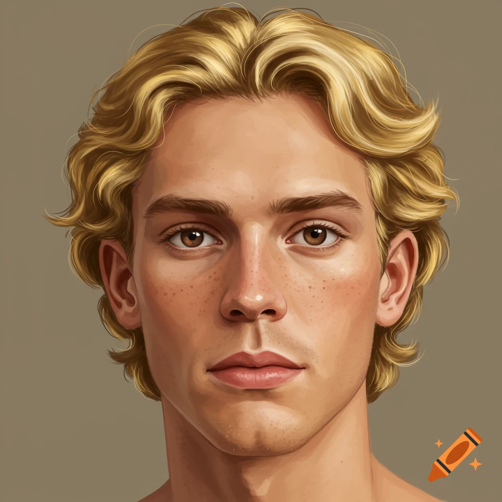 Portrait of a man with golden blond hair and brown eyes.