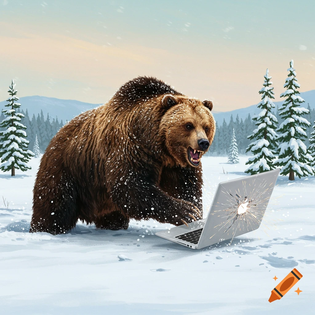 A bear smashing a laptop in the snow