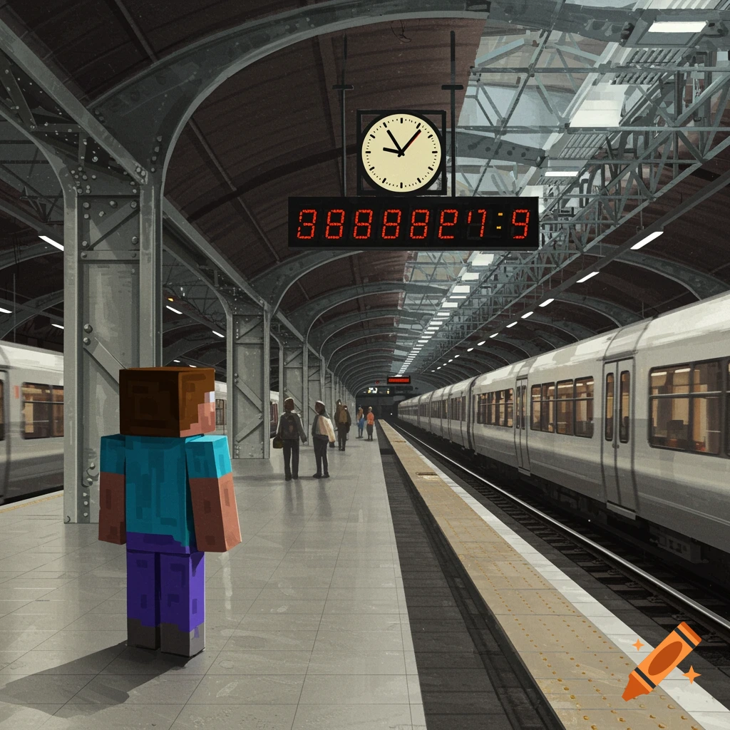 Minecraft's Steve stands on a platform at a modern train station.