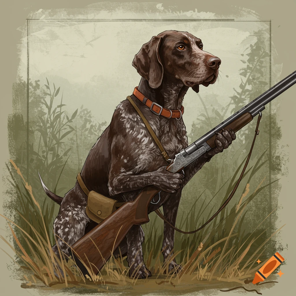 A hunting dog sitting in tall grass holding a shotgun.