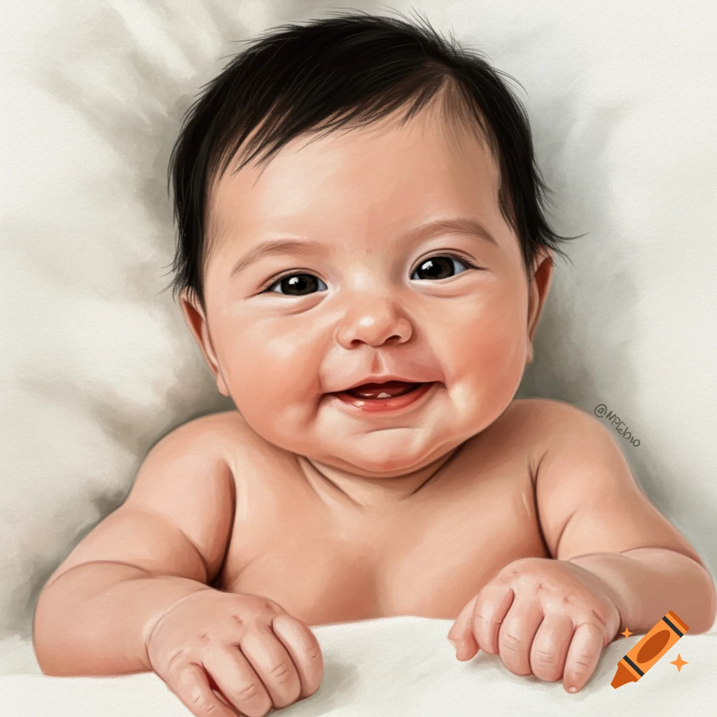 Portrait of a smiling baby with dark hair and brown eyes.