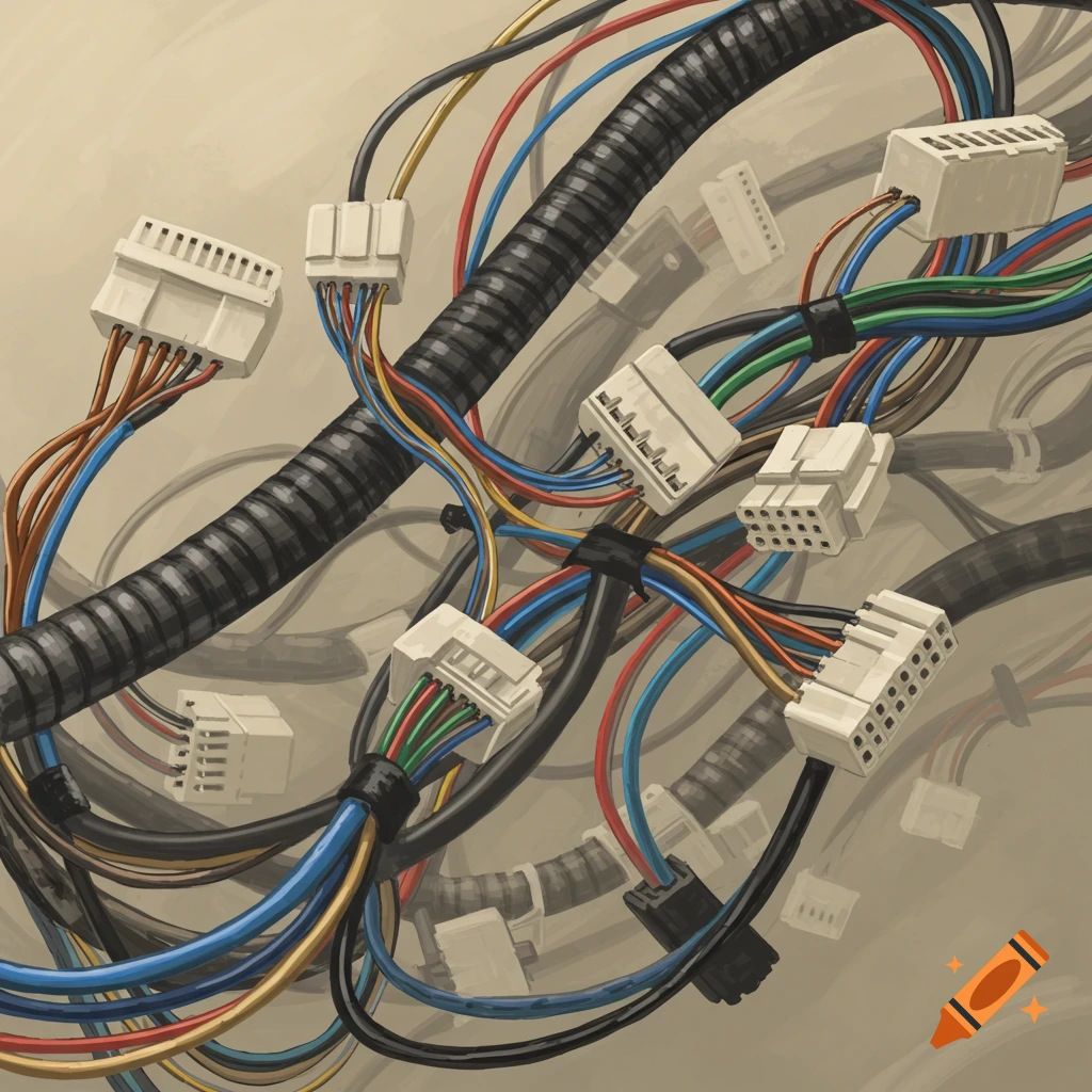 A tangled cluster of colorful electrical wires connected to various white plastic terminals and connectors.