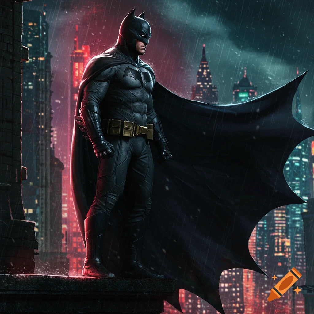 Batman standing on a rooftop in a rainy city.
