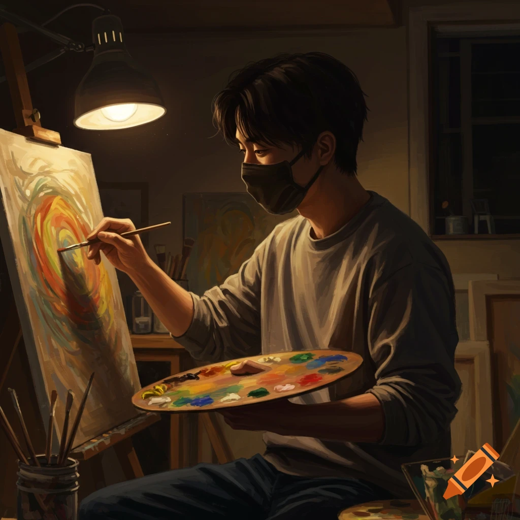 A person wearing a mask paints on an easel in a softly lit studio.