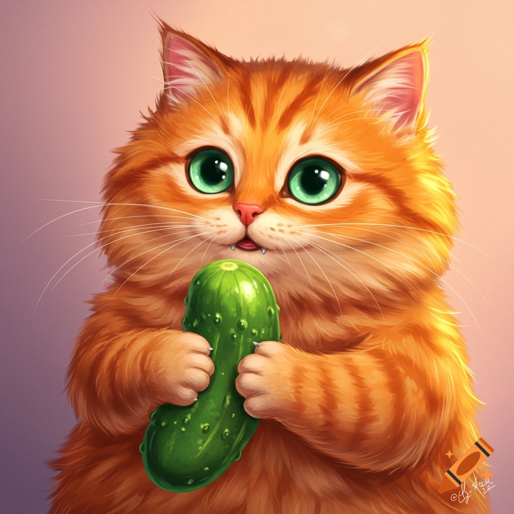 An orange cat with green eyes holding a cucumber.