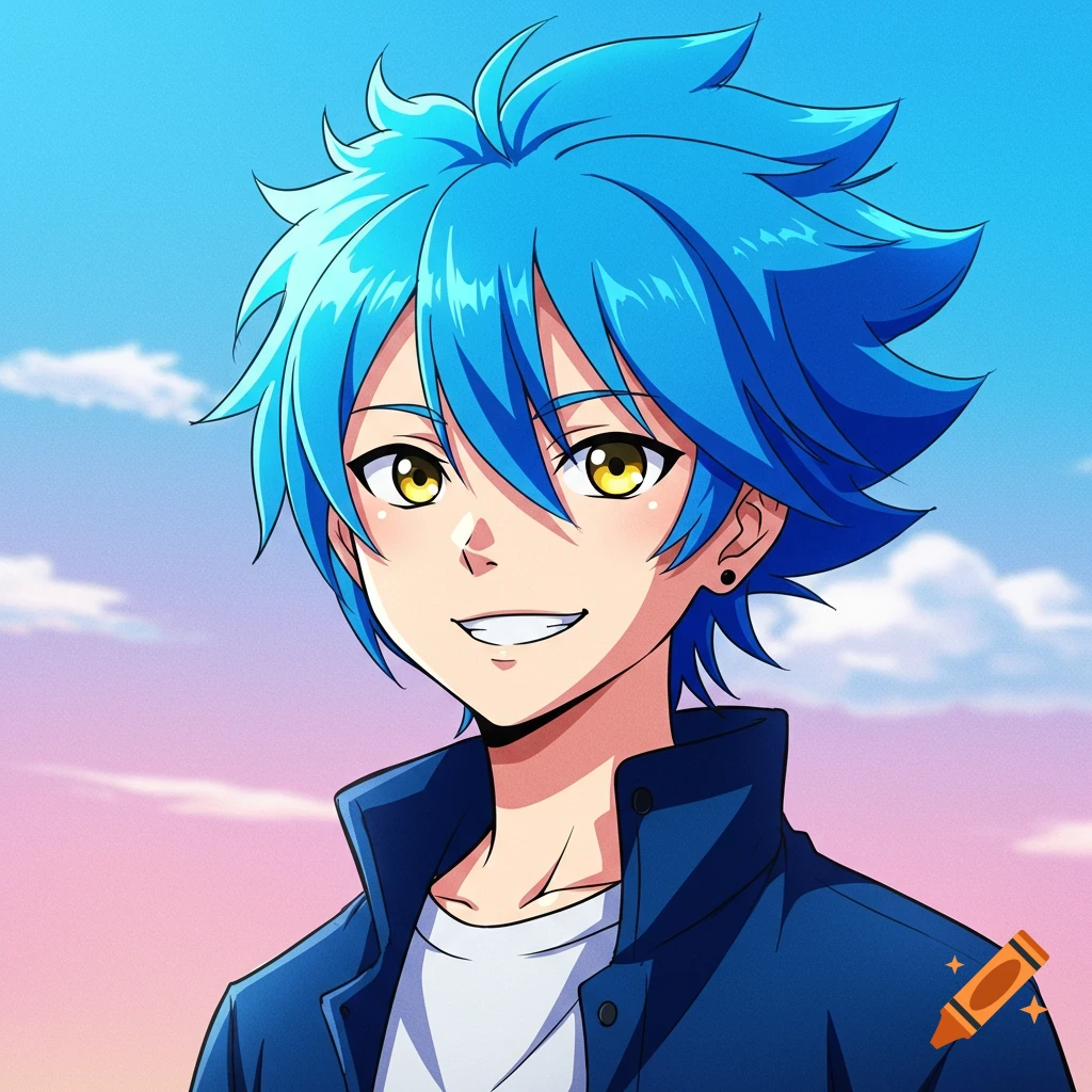 Anime portrait of a blue-haired boy smiling against a colorful sky.
