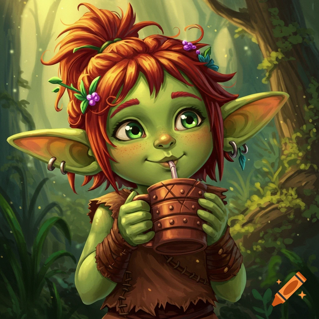 A cute goblin girl drinking from a mug in a forest.