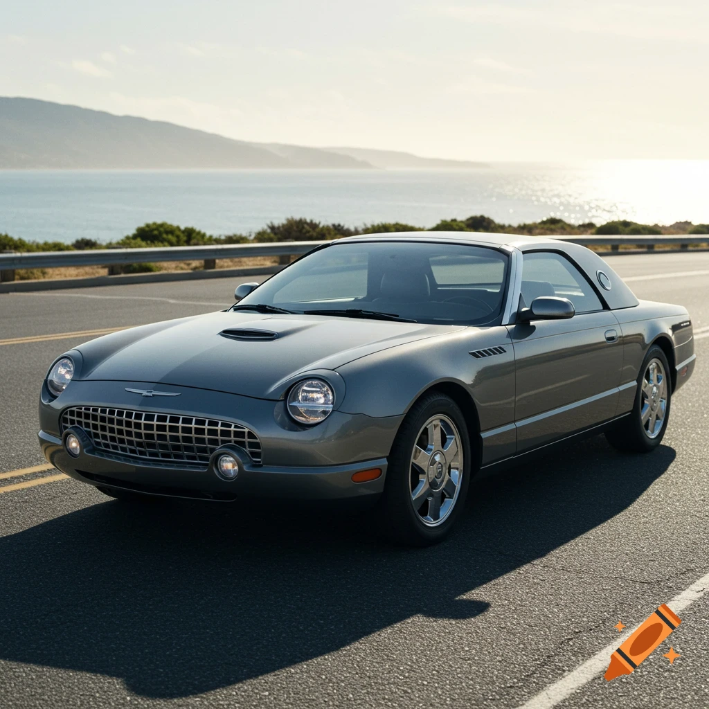 Grey Ford Thunderbird convertible on a coastal road with ocean and mountains in the background under a sunny sky.
