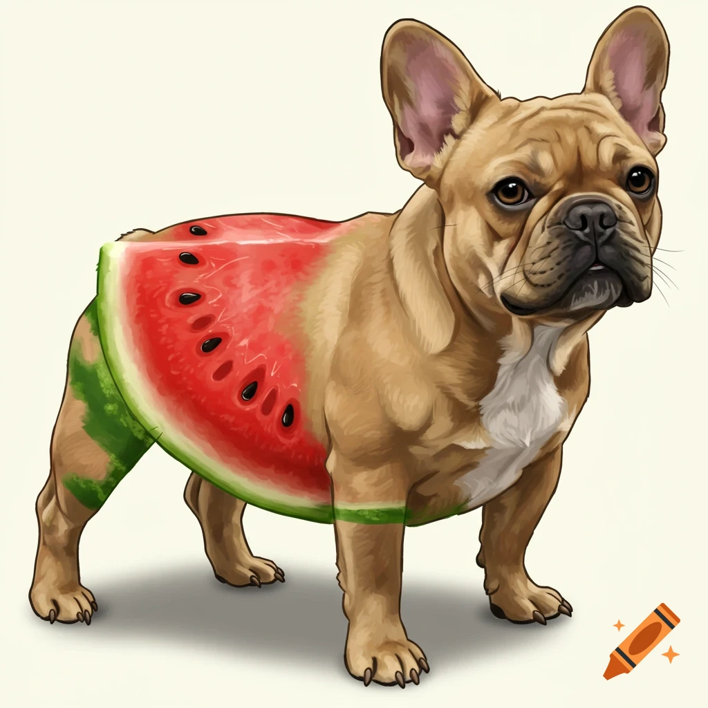 a tan French bulldog with a watermelon body