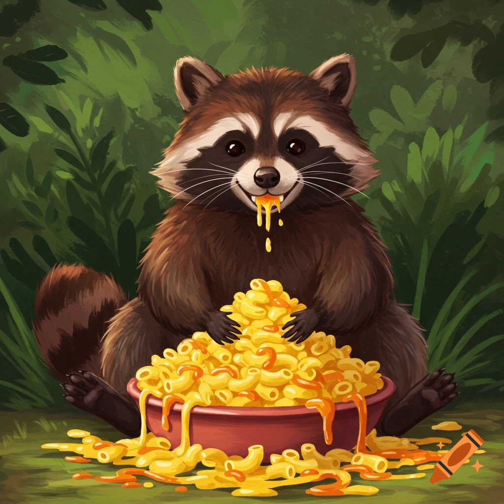A raccoon happily eating a large bowl of macaroni and cheese in a forest.