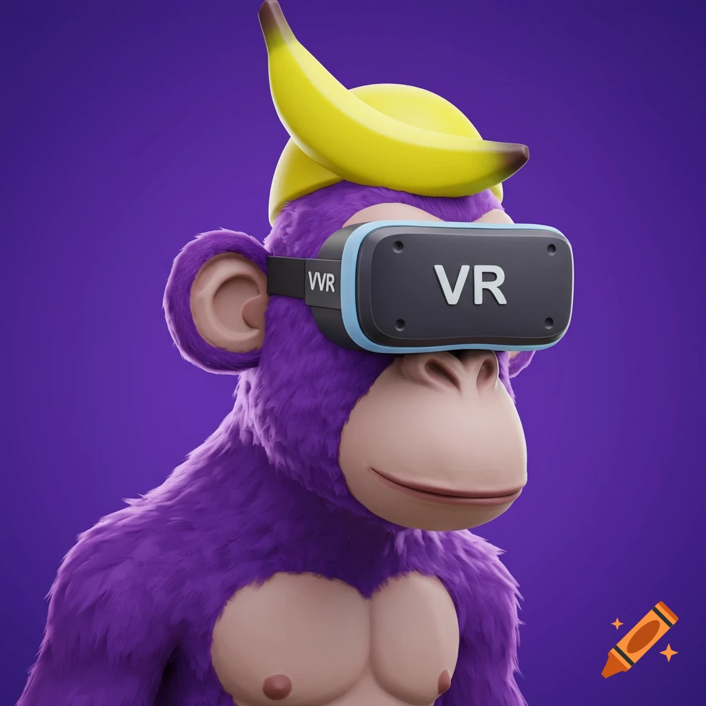 A purple cartoon monkey wears a VR headset and a banana hat in a 3D render.