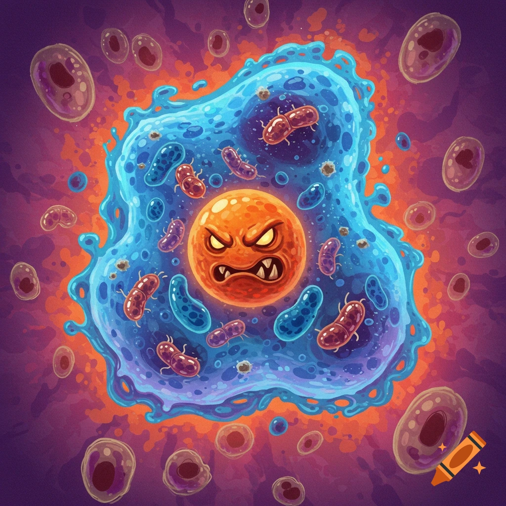 Cartoon illustration of a cell with an angry face attacking microbes