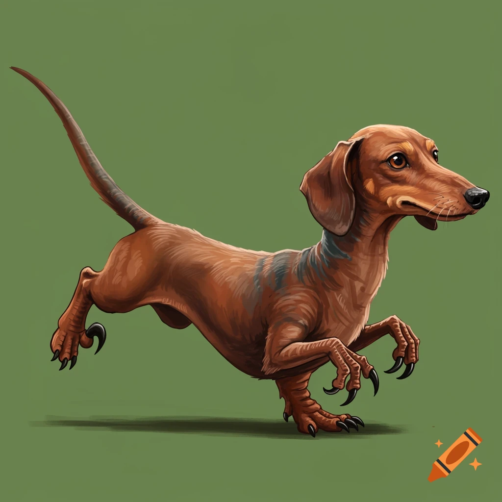 A Dachshund-velociraptor hybrid creature is mid-jump on a green background.
