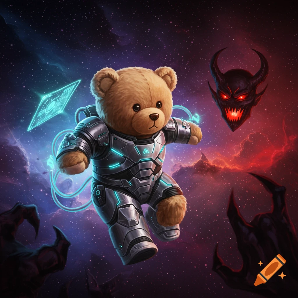 Teddy bear in a futuristic suit flies through space, fighting stylized demons and claws. Digital art.