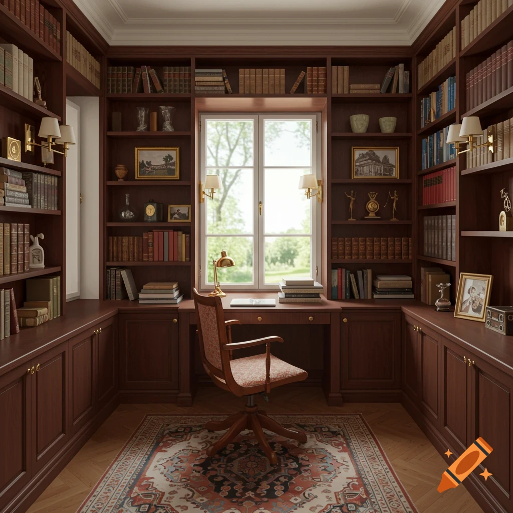 A study room with dark wood bookshelves lining the walls, a desk in front of a window, and a chair.
