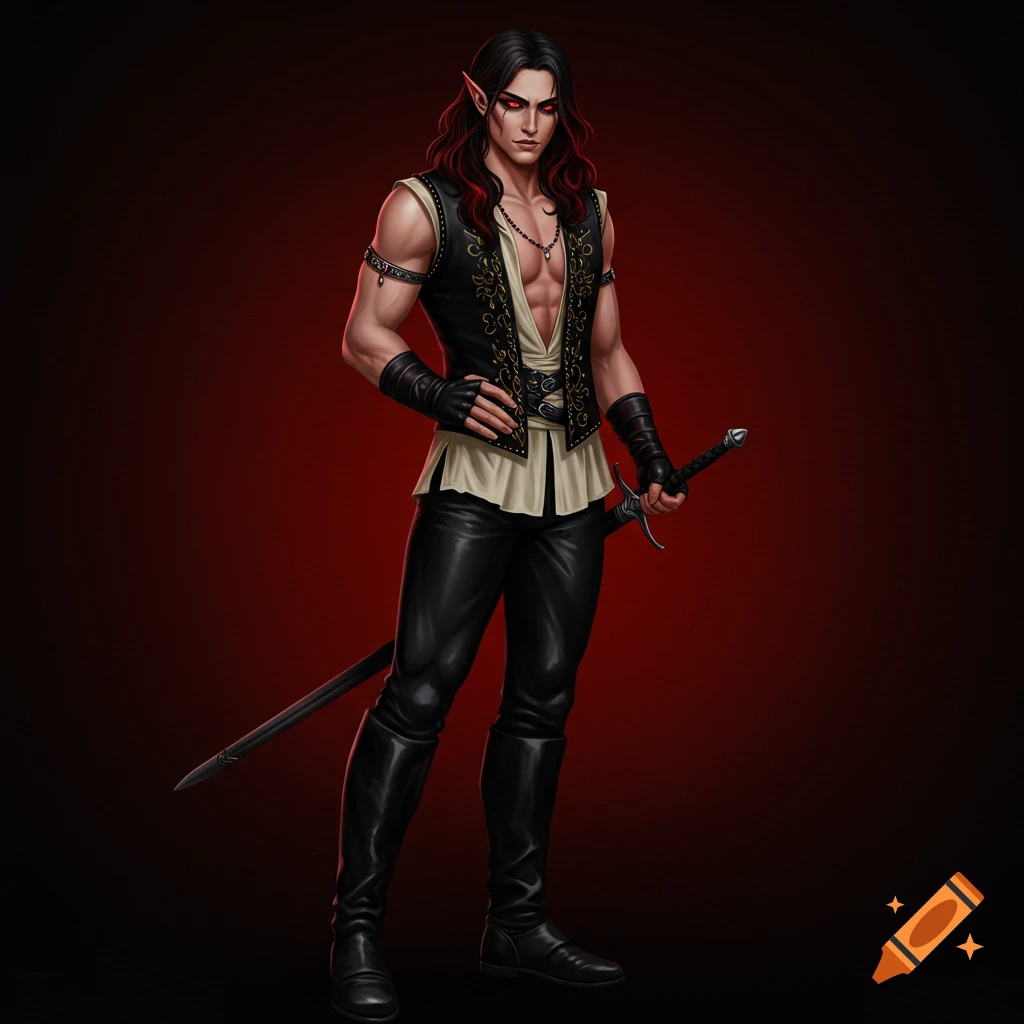 A fantasy male character with long dark hair, red eyes, pointy ears, and a sword is shown against a red background.