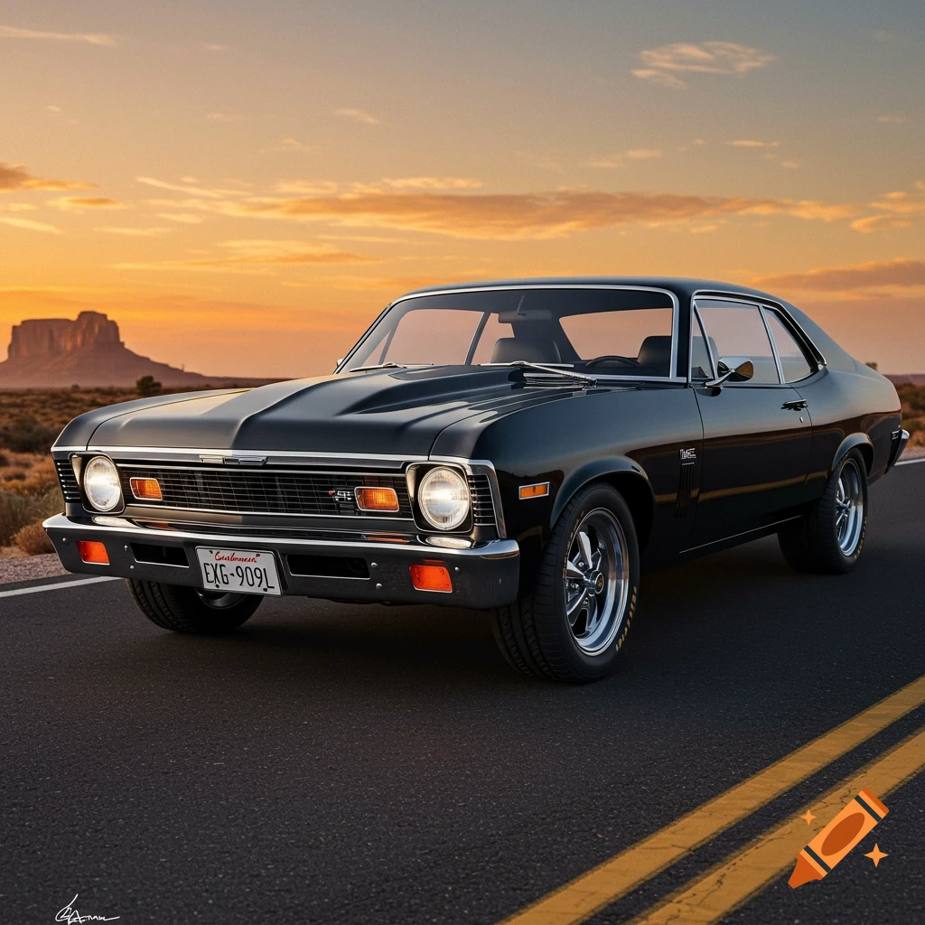 A black 1972 Chevy Nova is parked on a desert road at sunset.